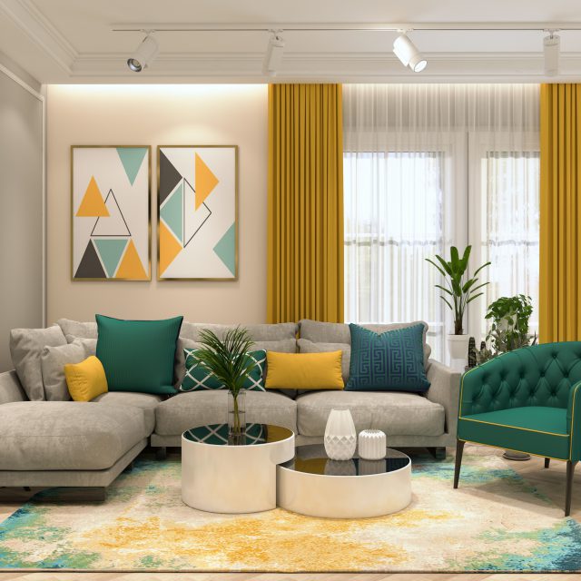Modern Living Room with yellow curtains
